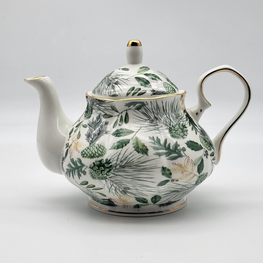 Christmas Elegance Teapot White, Green, Gold Winter Pinecones Berries